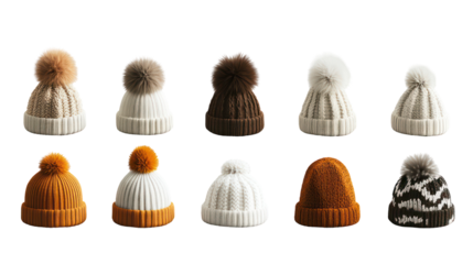 Colorful knit beanies with pom poms, winter accessories, fashion trends