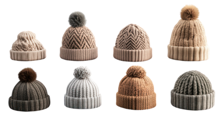 Collection of knitted winter hats with pom poms, varied styles and colors, isolated on transparent background