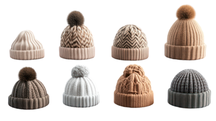 Stylish knit beanies collection, winter hats with pom poms, cozy warm accessories