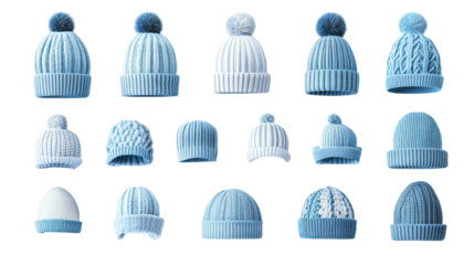 Collection of blue knitted beanies with pom poms on transparent background