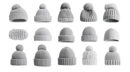 Collection of stylish knitted beanies on transparent background