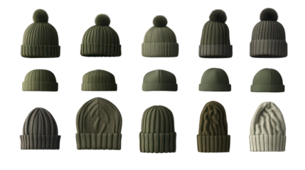Collection of knitted winter hats with pom poms, isolated on transparent background