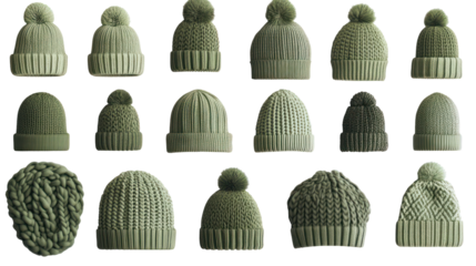 Green knitted winter hats collection, various styles, isolated on transparent background