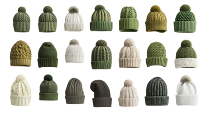 Collection of knitted winter hats in various styles and colors, isolated on transparent background
