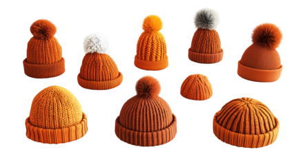 Collection of knitted winter hats with pom poms, various styles and colors, isolated on transparent background