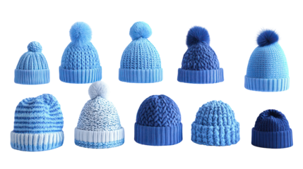 Collection of knitted winter hats with pom poms, various styles and colors