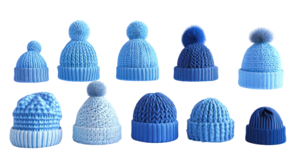 Blue knit beanies collection, winter hats, pom poms, flat lay, transparent background