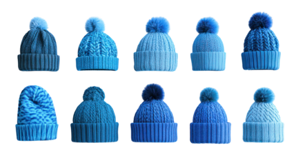 Blue knit beanies with pom-poms, isolated on transparent background
