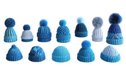 Colorful knit beanies with pom poms, isolated on transparent background