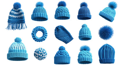 Collection of blue knitted hats with pom poms, various styles, isolated on transparent background