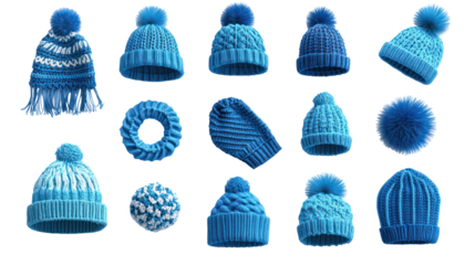 Collection of blue knitted hats with pom poms, various styles, isolated on transparent background