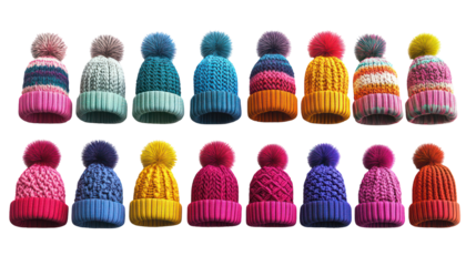 Colorful knit beanies with pom poms, isolated on transparent background