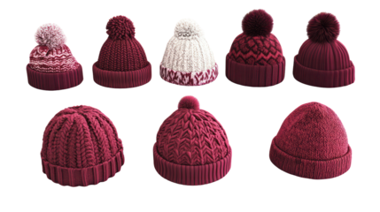 Stylish knit beanies with pom poms, various designs, isolated on transparent background