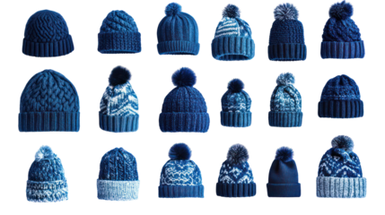 Collection of knitted winter hats with pom poms, isolated on transparent background