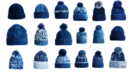 Blue knit winter hats collection, fair isle patterns, pom poms, isolated on transparent background