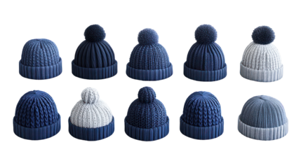 Collection of knitted beanies with pom poms, various styles and colors, isolated on transparent background