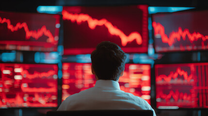 A focused trader analyzes market trends displayed on multiple screens with red graphs indicating fluctuations.