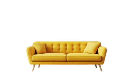 Modern yellow sofa, minimalist design, front view, isolated on transparent background