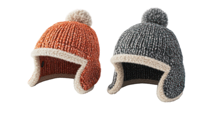 Warm knit beanies with pom poms, winter hats, cozy accessories, isolated on transparent background