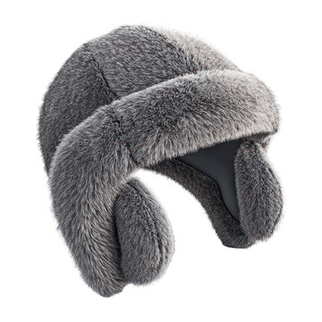 Grey faux fur trapper hat with ear flaps, winter fashion accessory, isolated on transparent background