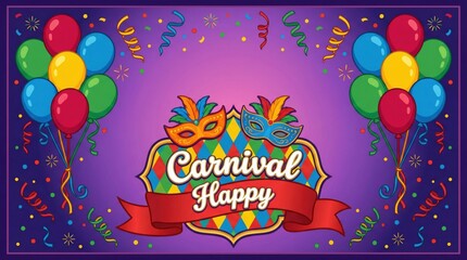Happy Carnival Celebration with Colorful Balloons and Festive Masks.
