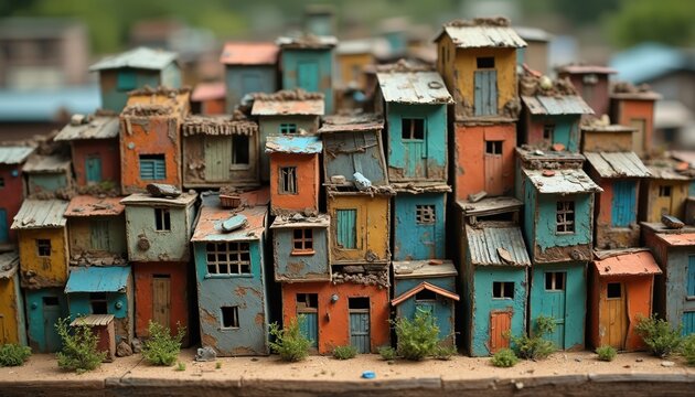 Colorful miniature slum houses densely packed together. Tiny dwellings show weathered textures, vibrant paints, creating detailed diorama of urban poverty, informal settlement. Assemblage crowded