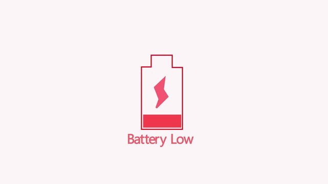 Digital low battery charging status indicator animation on Alpha Channel. No energy, warning, critical level.Low battery notification appears on mobile smartphone in office, man working at laptop, sel