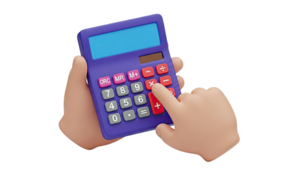 Cartoon hand using a purple calculator