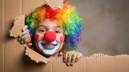 Happy child in clown makeup and colorful wig peeking through torn cardboard.