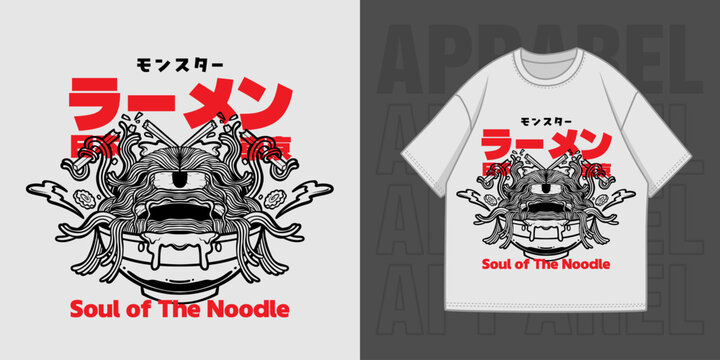 HAND DRAWING RAMEN MONSTER ILLUSTRATION T-SHIRT APPAREL PRINTING DESIGN