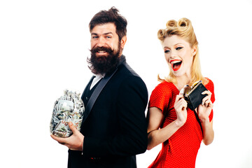 Retro couple saving and spending money. Man holding jar of cash while woman shows wallet with money banknotes. Money and retro couple. Household budget. Finance and saving money.