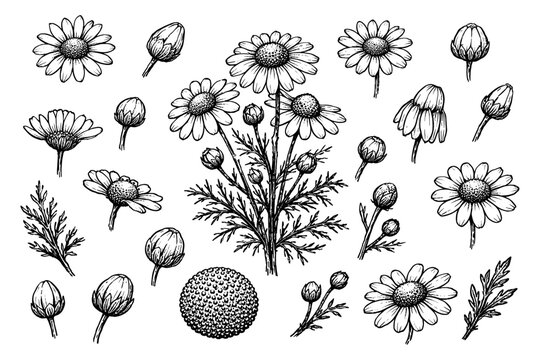 Hand-drawn botanical chamomile flowers and buds collection