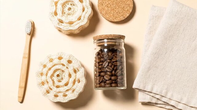 Coffee beans in a jar with coffee filters, spoon, and cloth on a table