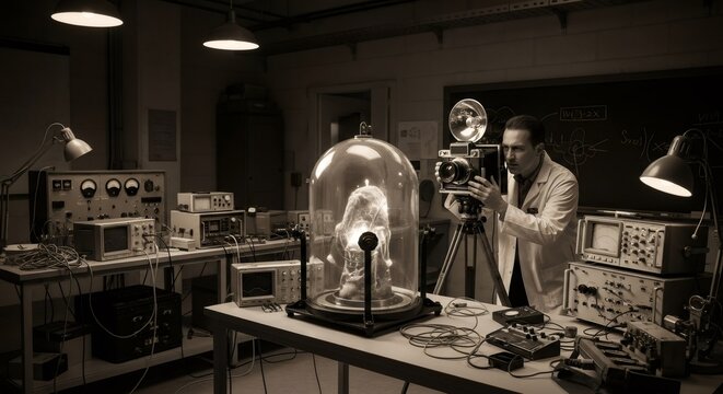 Scientist man records glowing mystical object in glass dome with vintage camera in a secret laboratory for conspiracy theory concept.