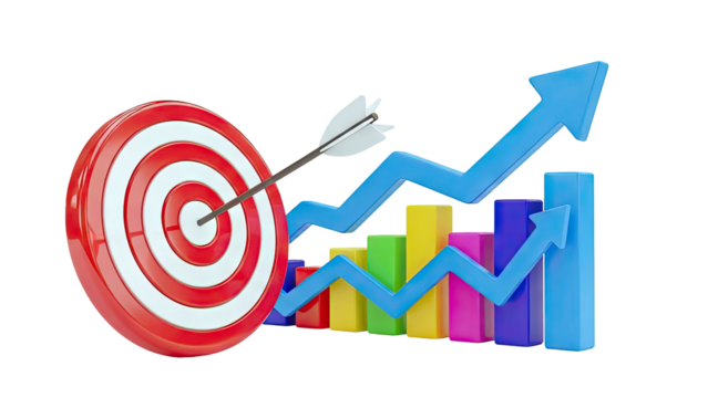Target hit with upward trend graph and arrow - Powered by Adobe