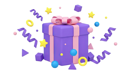 3D Purple Gift Box with Pink Bow and Colorful Confetti