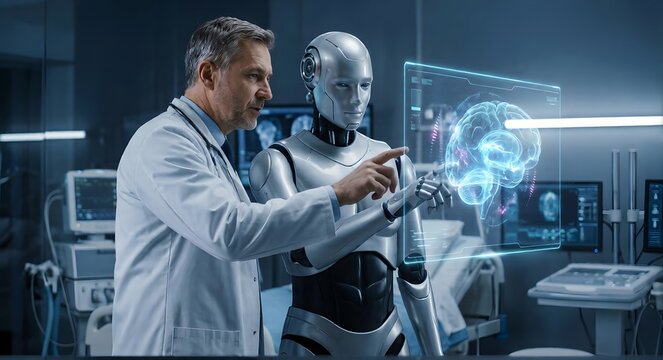 Doctor and humanoid robot collaborating to analyze a holographic human brain scan in a futuristic medical laboratory