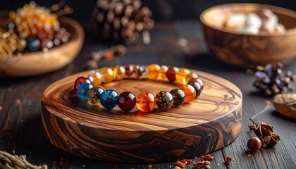 Colorful Bead Bracelet on Wooden Stand with Dark Wood Background and Pinecones Artistic Still Life Arrangement with