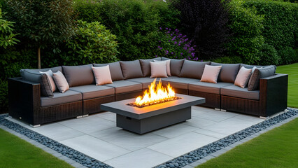 Luxurious outdoor sectional sofa set with a modern fire pit table on a paved patio surrounded by green lawn and garden foliage.