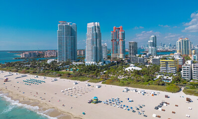 Miami seaside with turquoise ocean and sky. Miami city. Famous oceanfront of Miami. Miami Beach skyline.