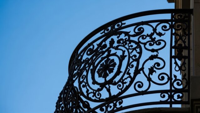 Ornate pattern from a historic building's wrought iron balcony against a clear blue sky cultural detail. - Powered by Adobe
