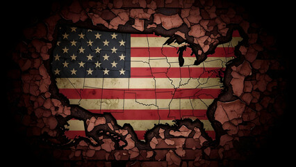 United States map with American flag pattern, surrounded by a crumbling, cracked earth texture on a dark background, symbolizing struggle or decay.