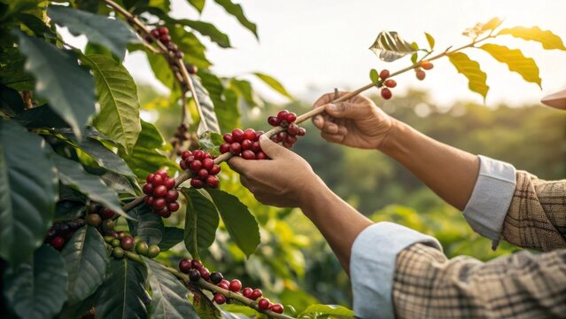 Coffee Harvesting in Lush Green Fields with Farmers Picking Fresh Ripe Red Cherries - Powered by Adobe