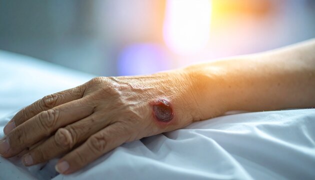 Close Up of a Wound on a Person's Arm on White Bed Sheets at Hospital in Sunlight
