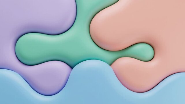 Glossy pastel organic shapes interlock in layered purple, mint peach and sky blue with soft shadows