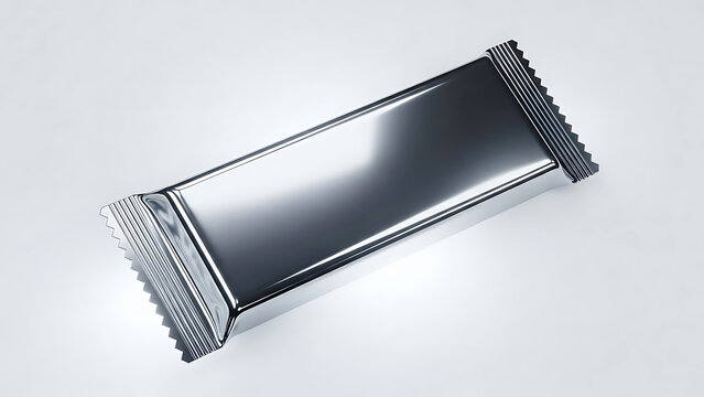 Silver foil wrapped candy bar with serrated edges on white background wrapper