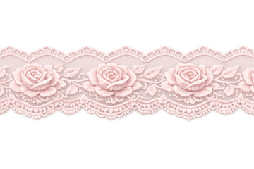 Pink lace border with delicate floral embroidery depicting vintage roses and intricate decorative trim on transparent background