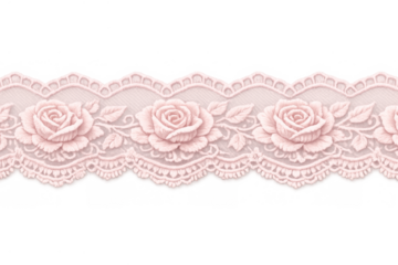 Pink lace border with delicate floral embroidery depicting vintage roses and intricate decorative trim on transparent background