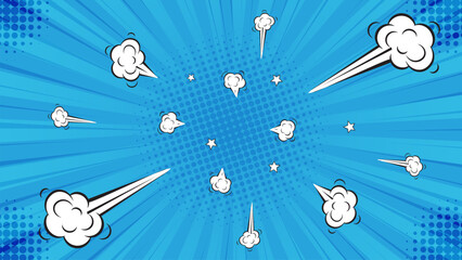 Comic book cartoon puff cloud blue comic background. Pop art funny smoke steam