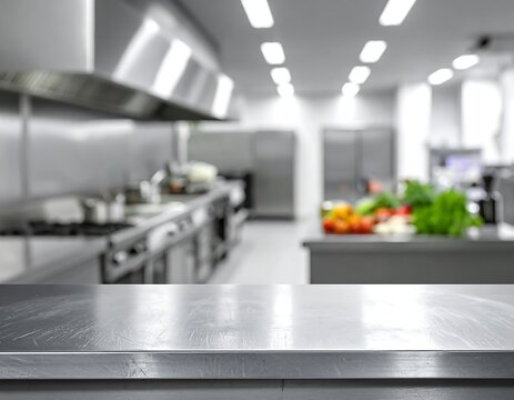 Polished stainless steel counter in the foreground, with a blurred commercial kitchen showcasing appliances and fresh produce